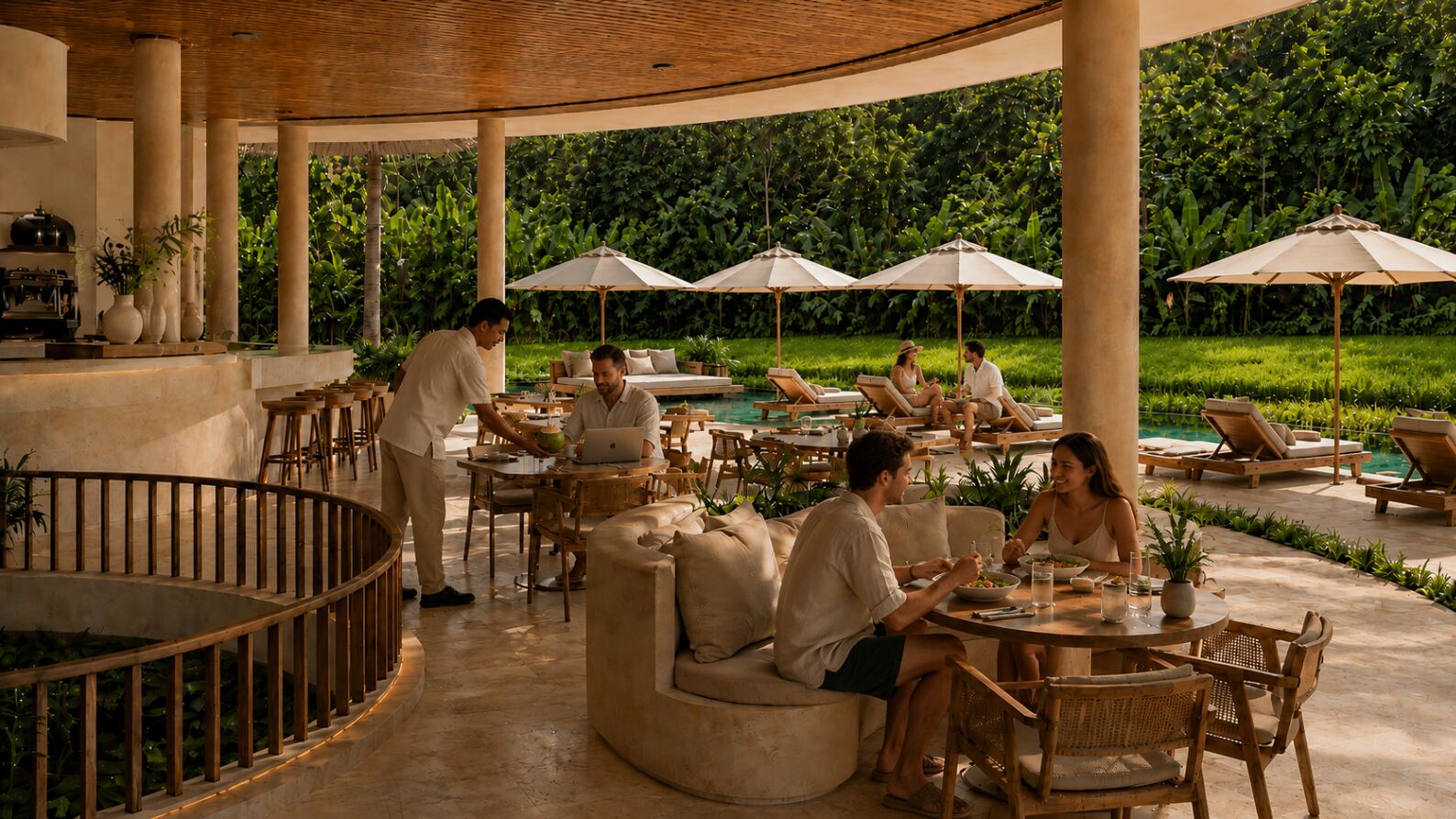 Restaurant ouvert sur la piscine avec service à table chez Tumpak Terrace
