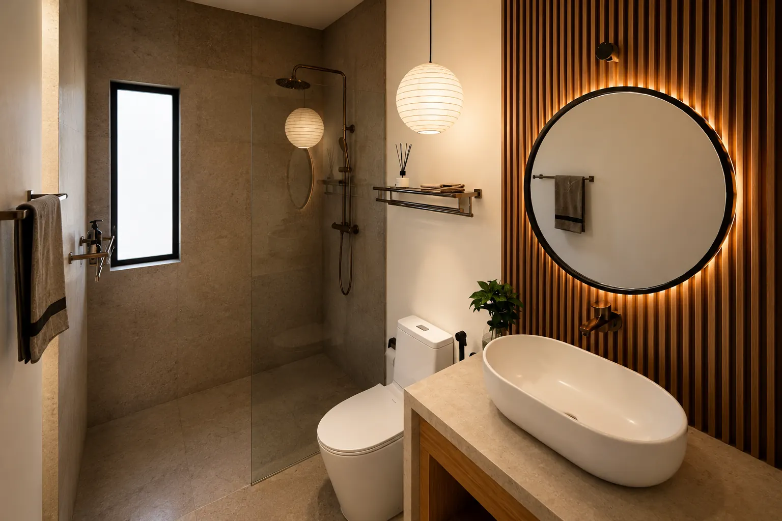 Salle de bain design avec douche à l'italienne, vasque ovale et miroir rond rétroéclairé