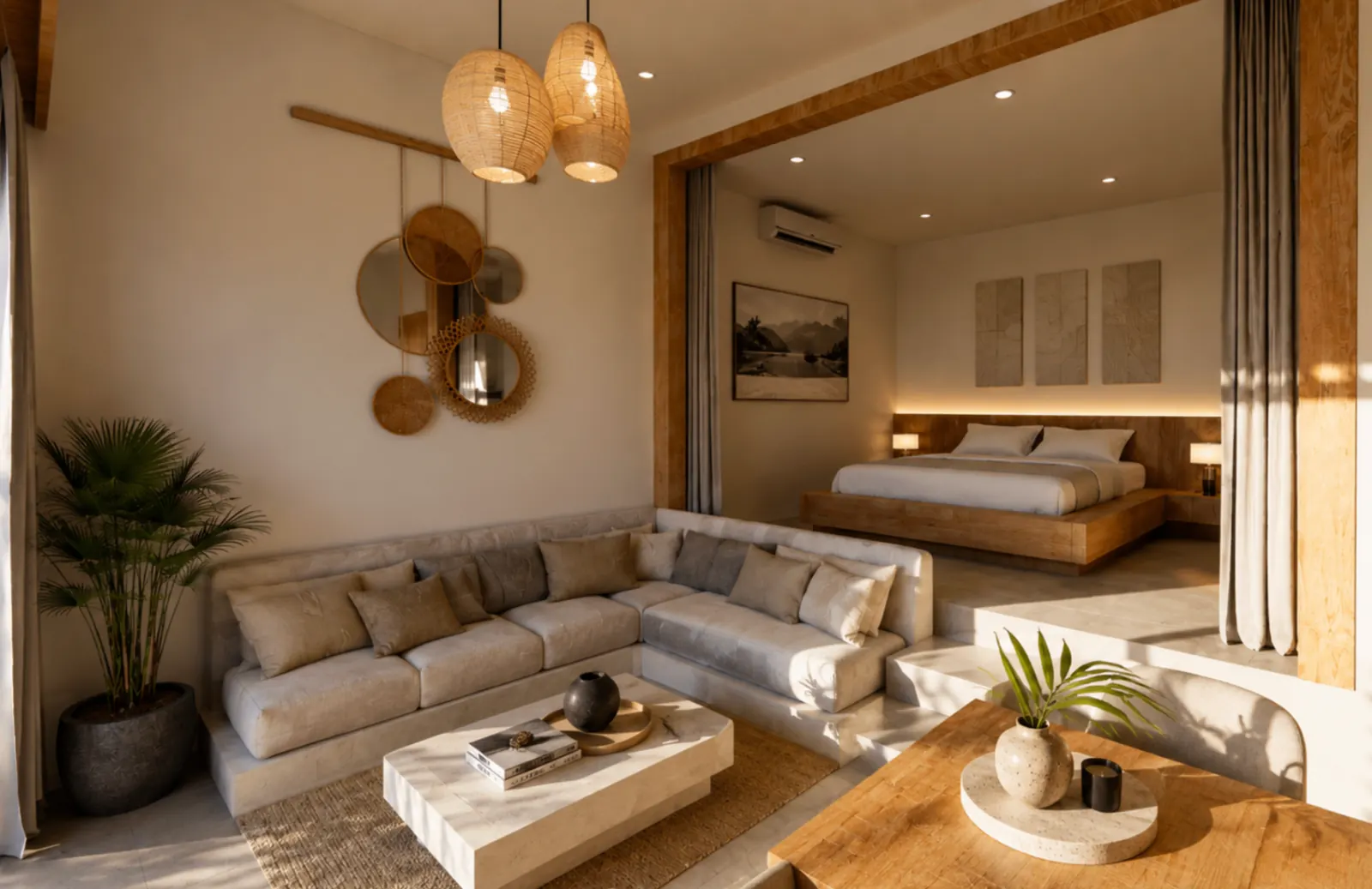Séjour ouvert sur la chambre avec canapé d'angle et lit king size