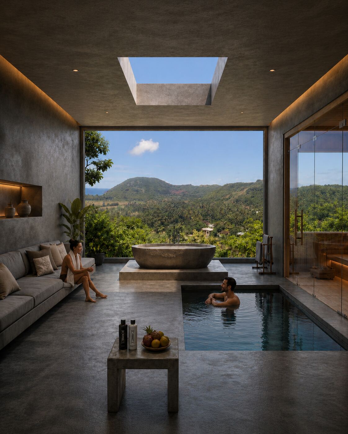 Spa panoramique avec bassin et vue sur les collines de Lombok