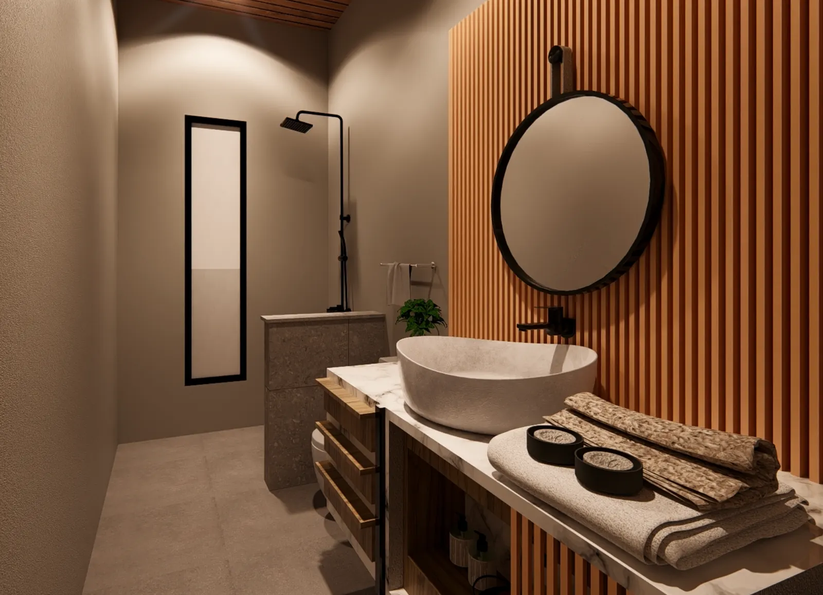 Salle de bain design vasque et miroir rond