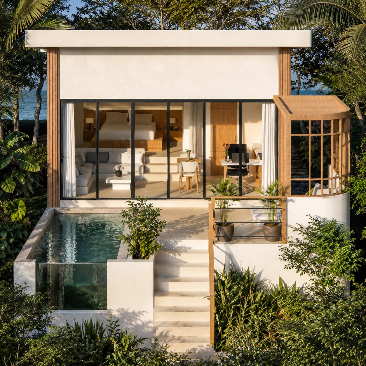 Vue extérieure de face de la villa Essential avec piscine privée et jardin tropical
