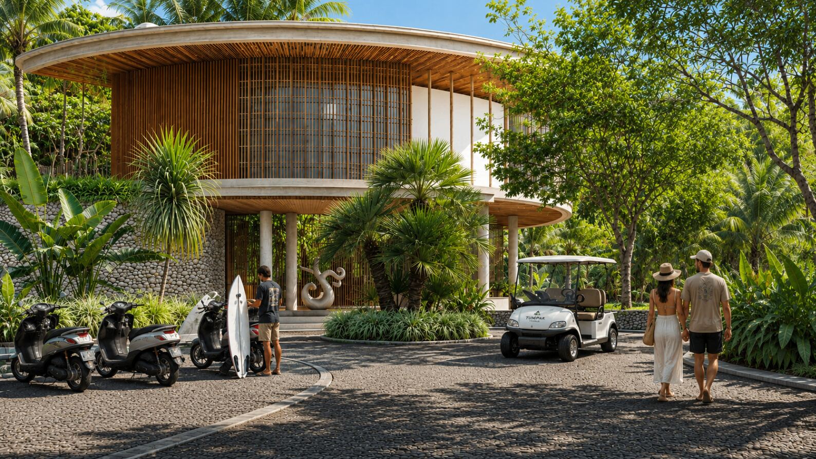 Arrivée devant le lobby de Tumpak Terrace au milieu de la végétation tropicale