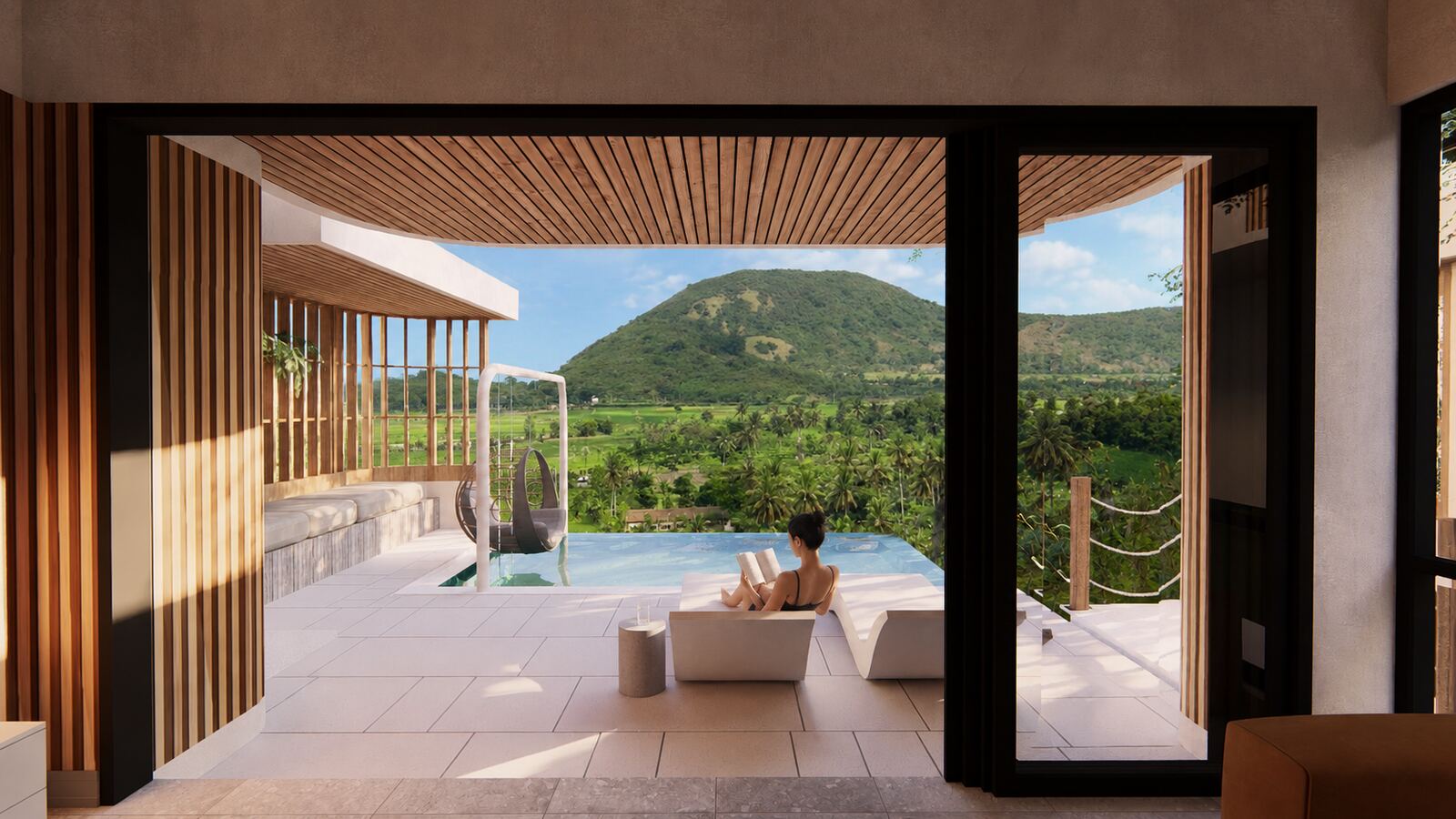 Vue depuis une villa Tumpak Terrace sur la vallée et la piscine