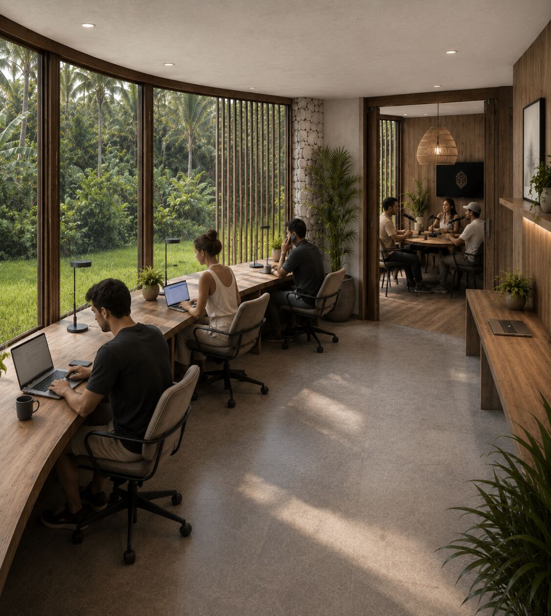 Espace coworking avec studio podcast intégré à Tumpak Terrace